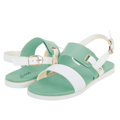 Estatos Faux Leather Open Toe Green and White Twin Strap Buckle Closure  Flat Sandals for Women